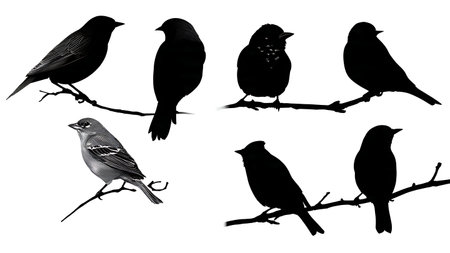 Distinct bird patterns on a branch, black solid isolated on plain white background.のイラスト素材