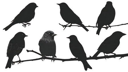 Bird heads and bodies on a branch, black silhouettes isolated on plain white background.のイラスト素材
