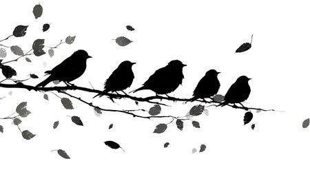 Birds on a branch with scattered leaves, black solid isolated on plain white background.のイラスト素材