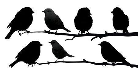 Plump bird silhouettes on a thick branch, black solid isolated on plain white background.のイラスト素材