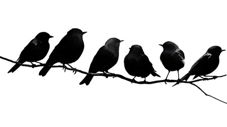 Small garden bird silhouettes on a curved branch isolated on plain white background.のイラスト素材