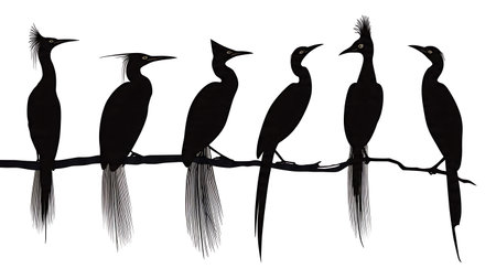 Birds with elongated necks on a branch, black solid isolated on plain white background.のイラスト素材