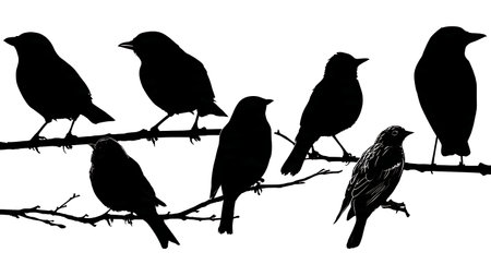 Bird heads and bodies on a branch, black silhouettes isolated on plain white background.のイラスト素材