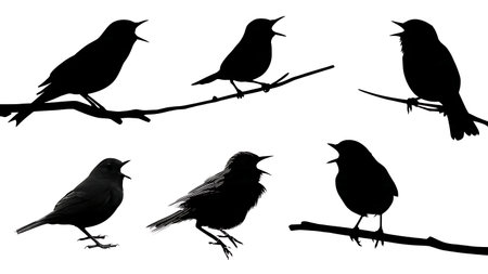 Singing bird silhouettes on a branch, black solid isolated on plain white background.のイラスト素材