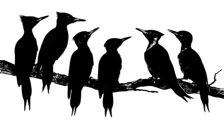 Woodpecker silhouettes on a branch, black solid isolated on plain white background.のイラスト素材