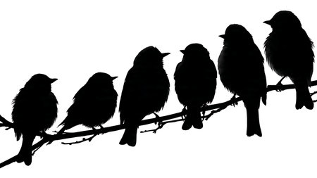 Birds with heads slightly tilted on a branch, silhouettes isolated on plain white background.のイラスト素材