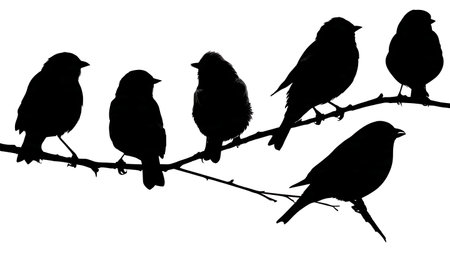 Birds with rounded, compact bodies on a branch isolated on plain white background.のイラスト素材