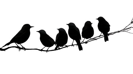 Small garden bird silhouettes on a curved branch isolated on plain white background.のイラスト素材