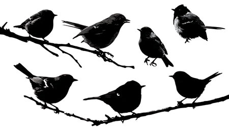 Small birds flitting on a branch, black solid isolated on plain white background.のイラスト素材