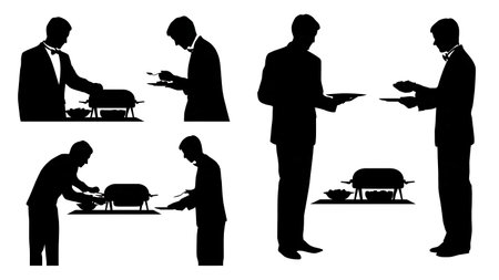Catering Staff at Buffet Event Silhouette Collection isolated on plain white background.のイラスト素材
