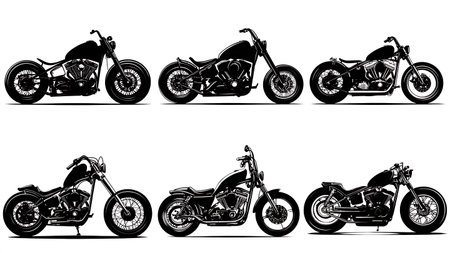 Custom Bobber Motorcycle Silhouette Vector Design Set isolated on plain white background.