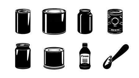 Canned Goods and Can Opener Pantry Silhouette Pack isolated on plain white background.のイラスト素材