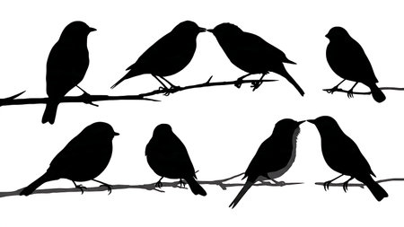 Small birds interacting gently on a branch, silhouettes isolated on plain white background.のイラスト素材