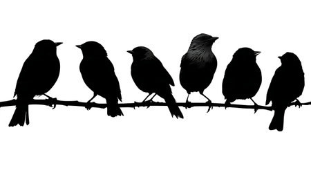 Birds on a horizontal branch with varied orientations isolated on plain white background.のイラスト素材