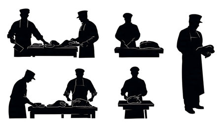 Butcher with Meat Cuts and Cleaver Silhouette Set isolated on plain white background.のイラスト素材