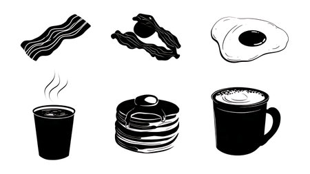 Classic Breakfast Food Silhouette Vector Pack isolated on plain white background.のイラスト素材