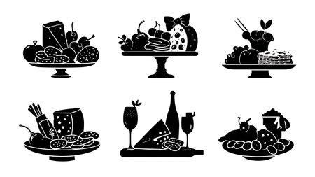 Charcuterie and Cheese Board Arrangement Silhouette Pack isolated on plain white background.のイラスト素材