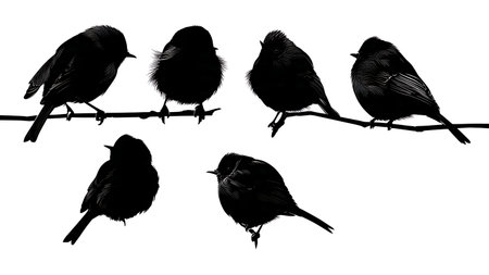 Birds with heads turned backward on a branch, silhouettes isolated on plain white background.のイラスト素材