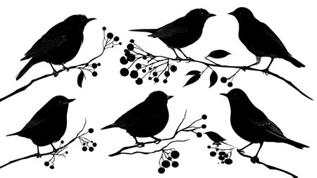 Birds on a branch with berries, black solid silhouettes isolated on plain white background.のイラスト素材