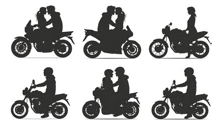 Romantic Couple on a Motorcycle Silhouette Vector Set isolated on plain white background.のイラスト素材