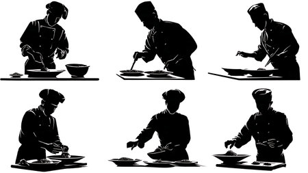 Gourmet Chef Plating a Dish Silhouette Set isolated on plain white background.のイラスト素材