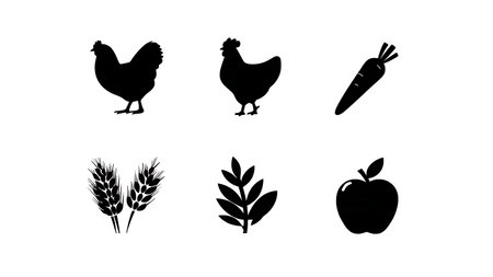 Farm-to-Table Fresh Ingredients Silhouette Icon Set isolated on plain white background.のイラスト素材