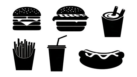 Fast Food and Junk Food Silhouette Vector Pack isolated on plain white background.のイラスト素材