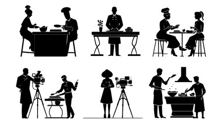 Cooking Competition TV Show Scene Silhouette Set isolated on plain white background.のイラスト素材