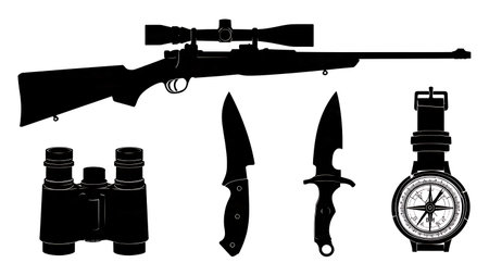 Essential Hunting Equipment Silhouette Icon Collection isolated on plain white background.のイラスト素材