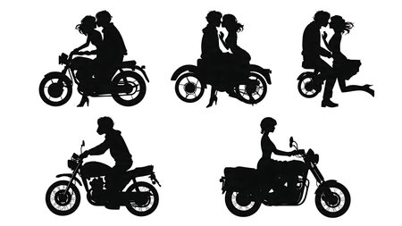 Romantic Couple on a Motorcycle Silhouette Vector Set isolated on plain white background.のイラスト素材