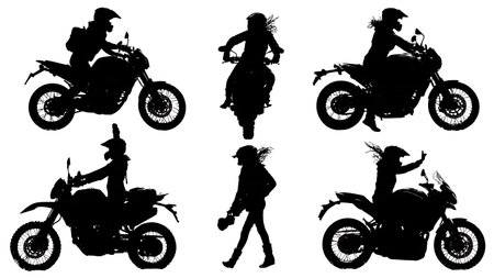 Empowered Female Motorcycle Rider Silhouette Vector Set isolated on plain white background.のイラスト素材