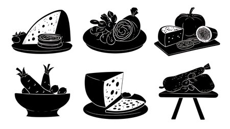 Charcuterie and Cheese Board Arrangement Silhouette Pack isolated on plain white background.のイラスト素材