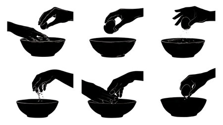 Hands Cracking an Egg into a Bowl Silhouette Set isolated on plain white background.のイラスト素材