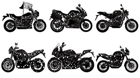 Festive and Holiday Decorated Motorcycle Silhouette Set isolated on plain white background.のイラスト素材