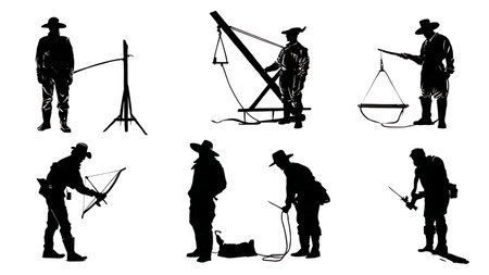 Game Processing with Gambrel and Hoist Silhouette Pack isolated on plain white background.のイラスト素材