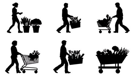 Person Grocery Shopping with Cart Silhouette Set isolated on plain white background.のイラスト素材