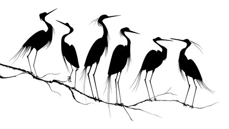 Birds with long slender legs on a branch, silhouettes isolated on plain white background.のイラスト素材