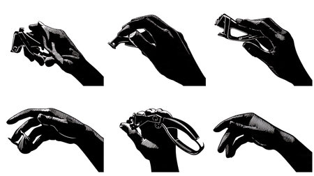 Hands Using a Garlic Press Silhouette Action Set isolated on plain white background.のイラスト素材