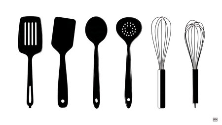 Essential Kitchen Utensil Silhouette Collection isolated on plain white background.のイラスト素材