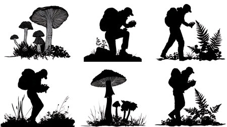 Person Foraging for Wild Food in Forest Silhouette Set isolated on plain white background.のイラスト素材