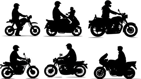 Father and Child on Motorcycle Silhouette Family Set isolated on plain white background.のイラスト素材