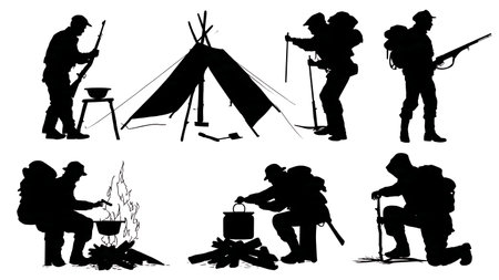 Hunter's Campfire and Gear Scene Silhouette Set isolated on plain white background.のイラスト素材