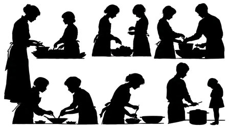 Family Cooking Together in the Kitchen Silhouette Collection isolated on plain white background.のイラスト素材