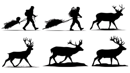 Hunter with Harvested Deer Silhouette of a Successful Hunt isolated on plain white background.のイラスト素材