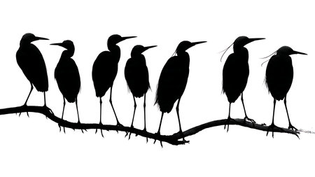 Birds with long slender legs on a branch, silhouettes isolated on plain white background.のイラスト素材
