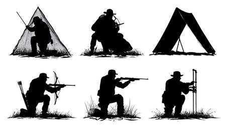 Hunter in a Pop-Up Ground Blind Silhouette Collection isolated on plain white background.のイラスト素材
