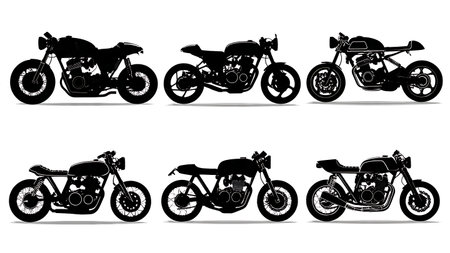Custom Cafe Racer Motorcycle Silhouette Vector Pack isolated on plain white background.のイラスト素材
