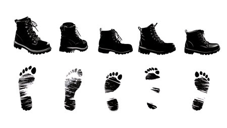 Hunter's Boot Print Hiking and Tracking Silhouette Set isolated on plain white background.