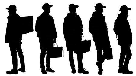 Food Delivery Service Person with Thermal Bag Silhouette Set isolated on plain white background.のイラスト素材