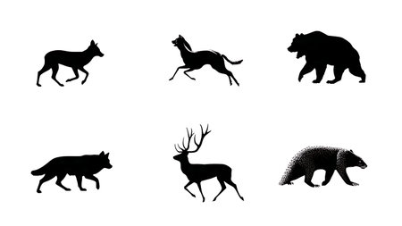 Hunter and Prey Dynamic Wildlife Silhouette Pack isolated on plain white background.